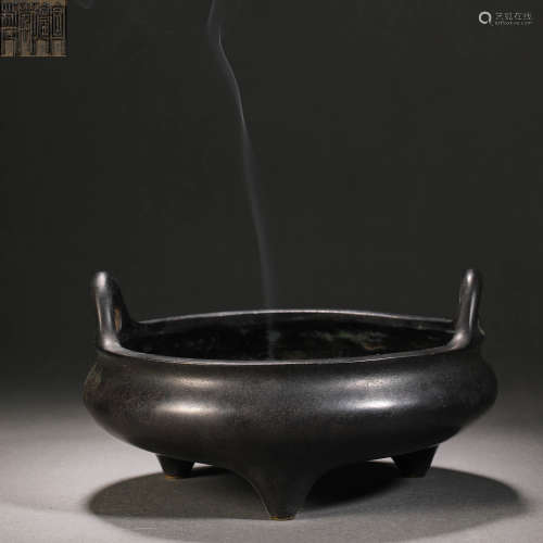 Ming Dynasty Bronze Three-legged Stove with Two Ears