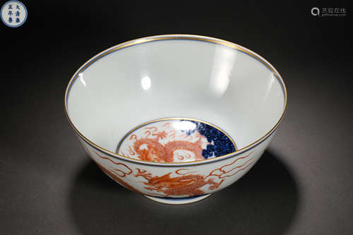 Qing dynasty famille rose large bowl with dragon pattern