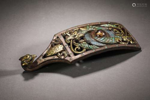 Han Dynasty Wrong gold and silver bird inlaid with jade buck...