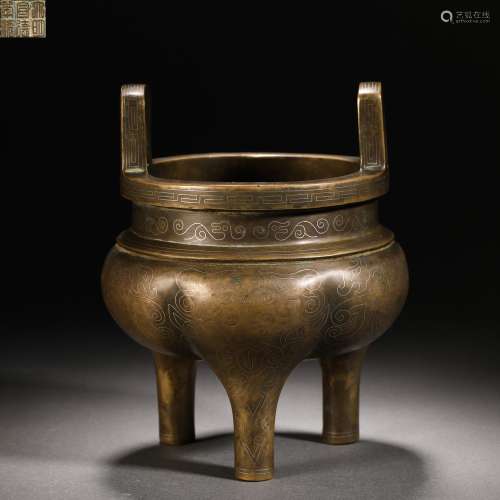 Ming Dynasty Silver-inlaid copper incense burner