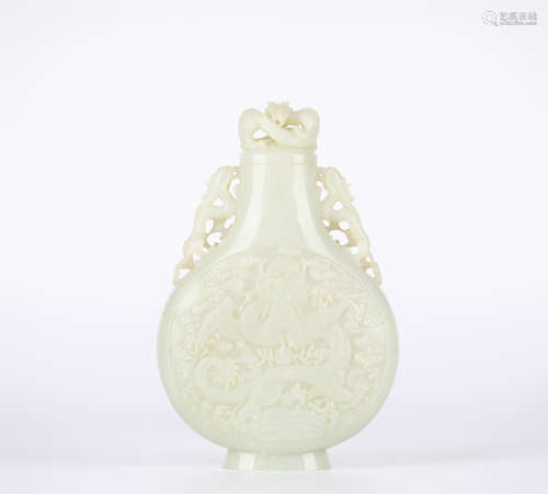 HOTAN WHITE JADE DRAGON VASE，18th