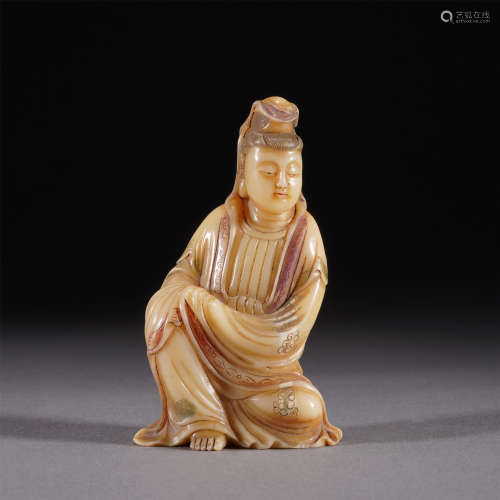 A SOAPSTONE FIGURE OF GUANYIN BUDDHA SEATED STATUE,QING