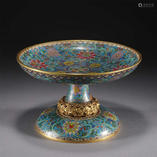 A CLOISONNE ENTWINE BRANCHES LOTUS PATTERN STEM-DISH,QING
