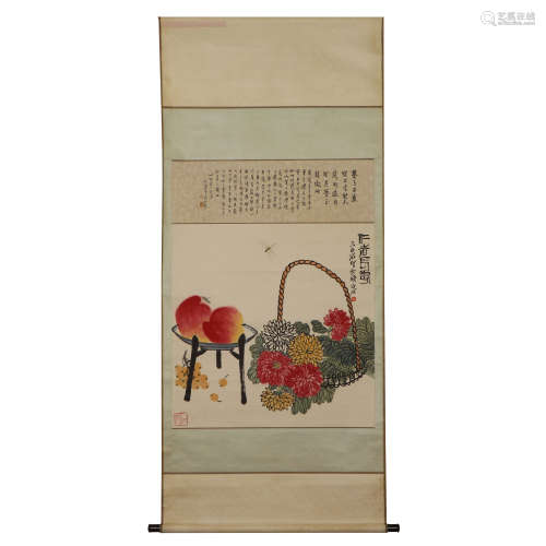 A CHINESE PAINTING PEACHES AND FLOWERS SIGNED QIBAISHI