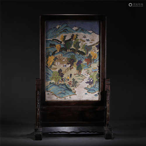 A ZITAN INLAID CLOISONNE TABLE SCREEN