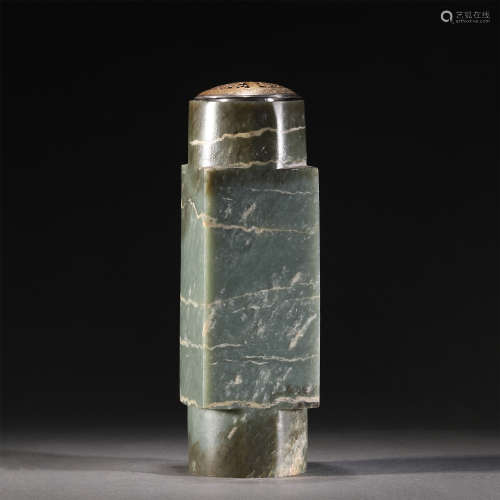A JADE CONG STYLE VASE WITH COVER