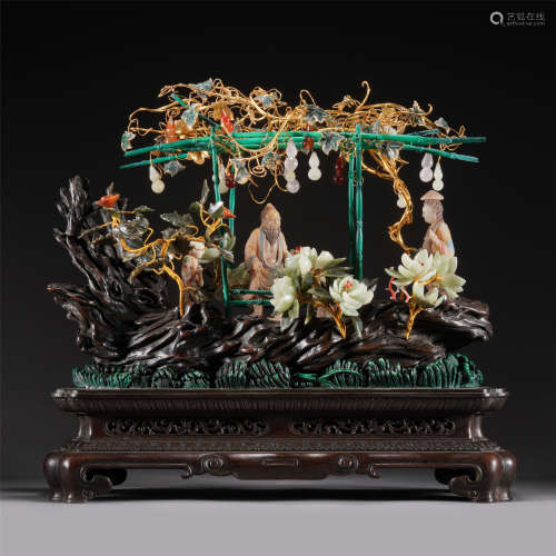 A GEMSTONES FIGURE STORY WITH WOOD STAND DECORATIONS,QING