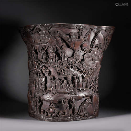 A CHENXIANG CARVED FIGURE STORY BRUSH POT,QING