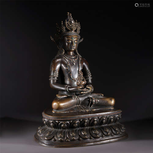 A COPPER ALLOY INLAID SILVER FIGURE OF BUDDHA STATUE,QING
