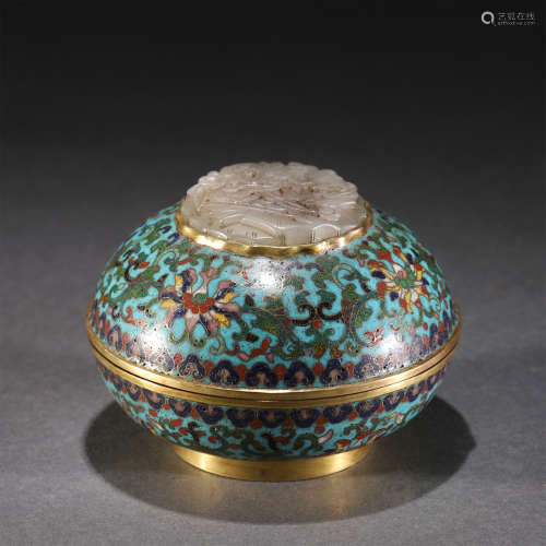 A CLOISONNE BRONZE LIDDED BOX WITH JADE INLAIDED