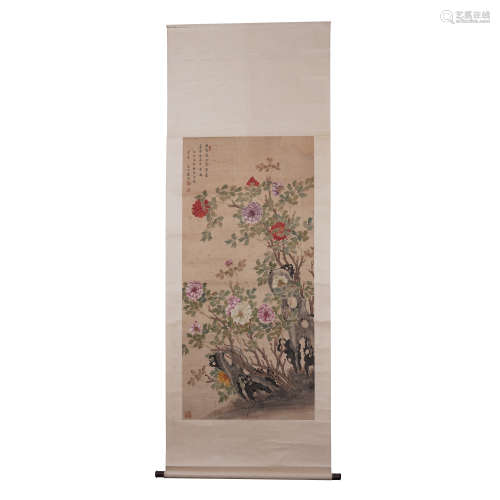 A CHINESE SCROLL PAINTING OF FLOWERS,YUNSHOUPING