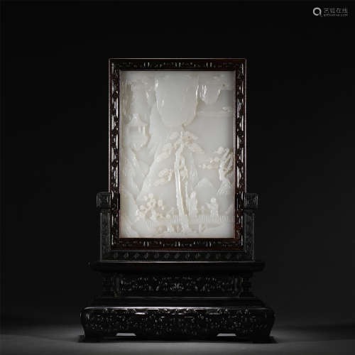 A WHITE JADE CARVED FIGURE STORY TABLE SCREEN