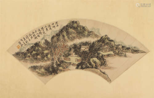 A CHINESE FAN SHAPED PAINTING SIGNED HUANGBINHONG