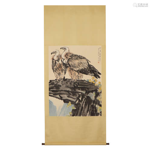 A CHINESE PAINTING EAGLES ON STONE SIGNED XUBEIHONG