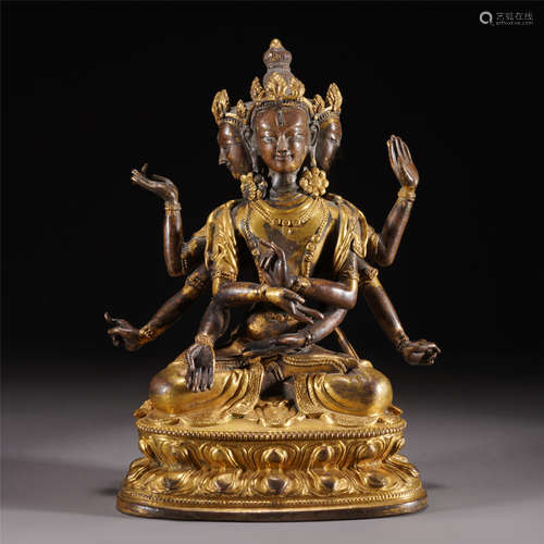 A GILT BRONZE FIGURE OF GUANYIN BUDDHA SEATED STATUE,QING