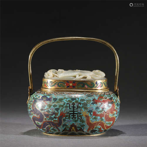 A CLOISONNE BRONZE LONG HANDLE POT WITH JADE INLAIDED