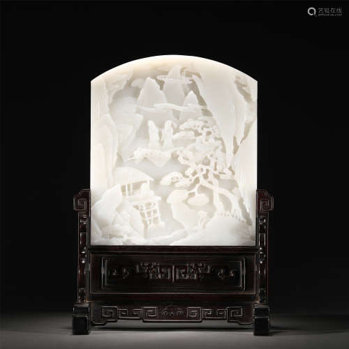 A WHITE JADE CARVED FIGURE STORY TABLE SCREEN