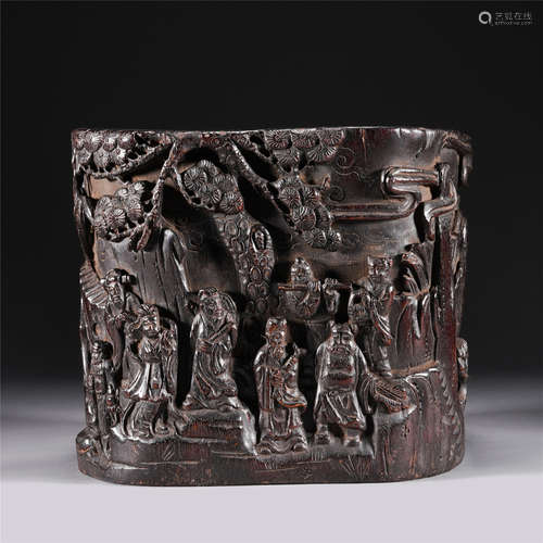 A ZITAN CARVED BRUSH POT ,QING