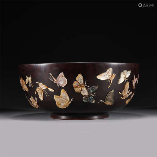 A ZITAN INLAID GEMSTONES BOWL,QING