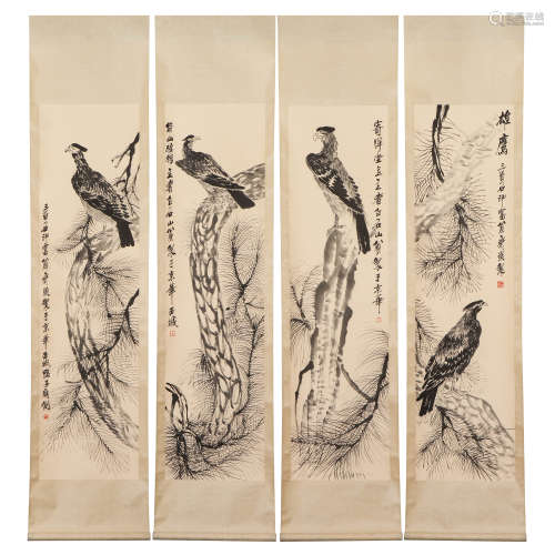 A SET OF FOUR CHINESE PAINTING HANGING SCROLLS SIGNED QIBAIS...