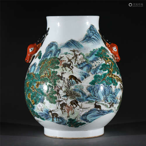 A FAMILLE ROSE PORCELAIN DEER ZUN VASE,QIANLONG