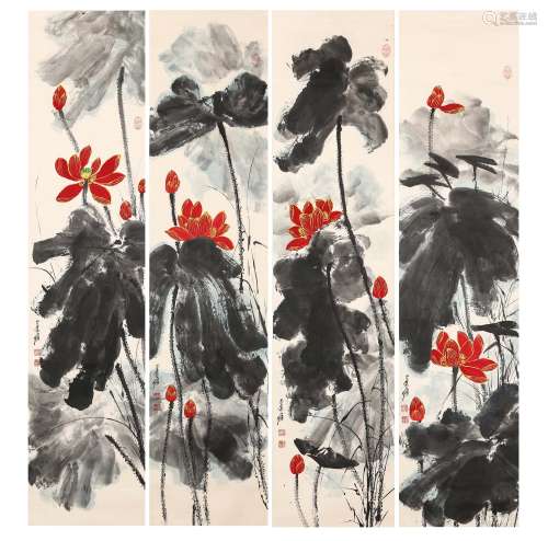 Chinese ink painting,
Zhang Daqian's Four Ink Lotus Screens