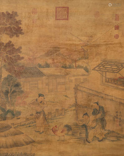 Chinese ink painting,
Tang Yin's playing chicken drawing