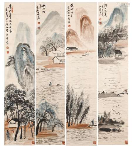 Chinese ink painting,
Qi Baishi's Landscape Figures with Fou...
