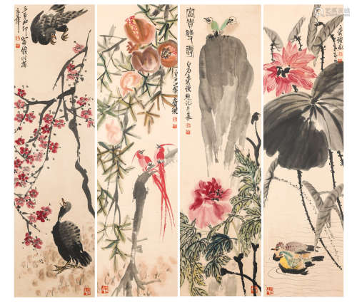Chinese ink painting,
Qi Baishi's Four Screens of Flowers an...