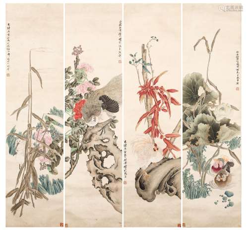 Chinese ink painting,
Ren Bonian's four-screen painting of f...
