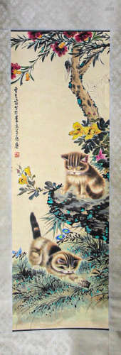 Chinese ink painting, 
Cao Kejia's playing cat drawing