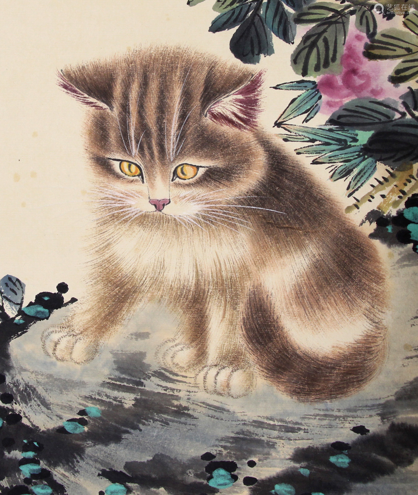 Chinese ink painting, 
Cao Kejia's playing cat drawing