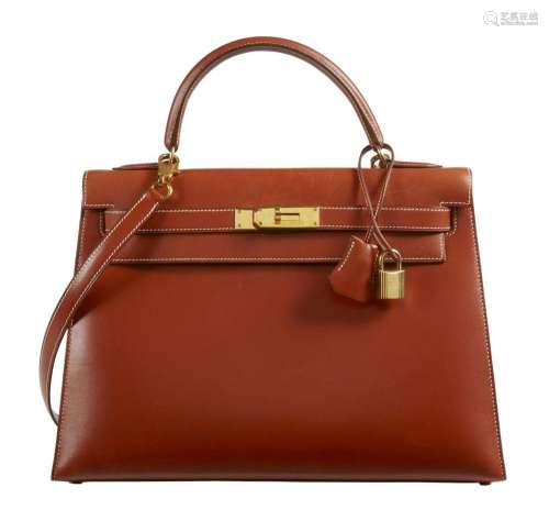 HERMÈS 1995 Sac KELLY Sellier 32 Box Rouge Pompéi Piqué sell...