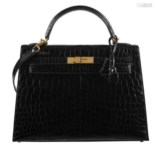 HERMÈS 2019 Sac KELLY Sellier 32 Crocodile du Nil lisse noir...