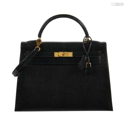 HERMÈS 1996 Sac KELLY Sellier 32 Lézard noir (Varanus niloti...