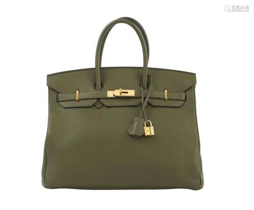 HERMÈS 2008 Sac BIRKIN 35 Veau Togo kaki Piqué sellier gris ...