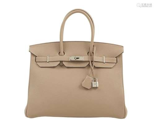 HERMÈS 2012 Sac BIRKIN 35 Taurillon Clémence Argile Piqué se...