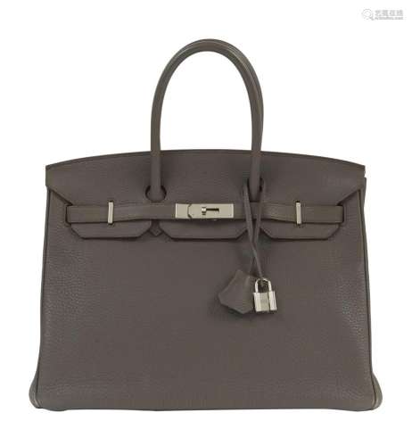 HERMÈS 2012 Sac BIRKIN 35 Taurillon Clémence Étain Garniture...