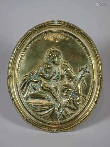 Messingschild, Madonna mit Kind und Johannes dem Täufer