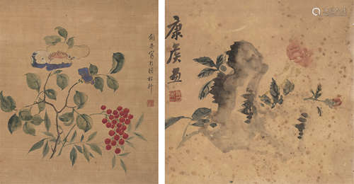 张和庵（1852～1908）花卉二开 设色纸本、设色绢本