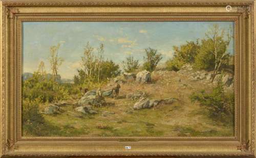 BARON Théodore (1840 - 1899) Huile sur toile "Berger et...