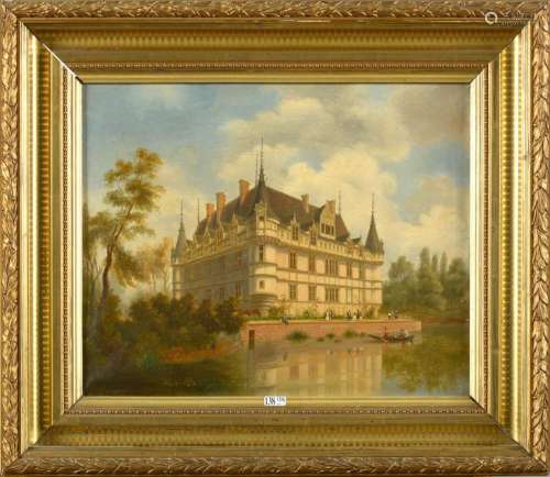 Huile sur toile "Vue animée du château d'Azay-le-Ri...