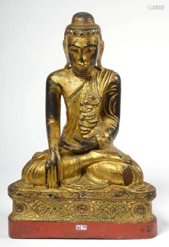 Grand "Bouddha assis" en bois sculpté laqué noir e...