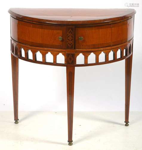 Petite console demi-lune Louis XVI en bois de placage et mar...