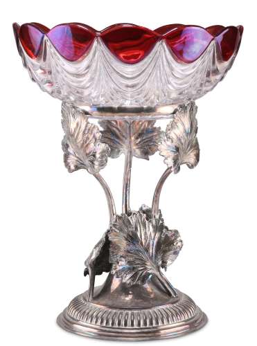 A SILVER-PLATED CENTREPIECE, with glass bowl and leafy suppo...