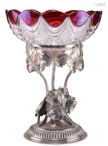 A SILVER-PLATED CENTREPIECE, with glass bowl and leafy suppo...
