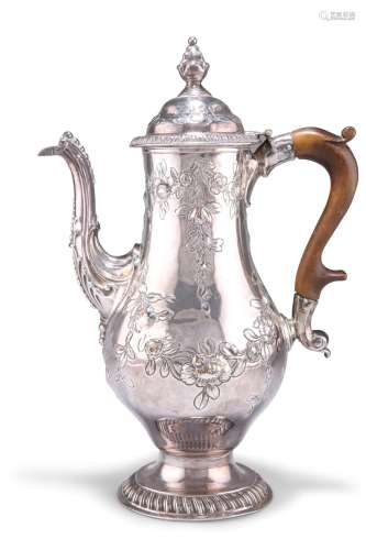 AN OLD SHEFFIELD PLATE COFFEE POT, pear-shaped with gadroone...