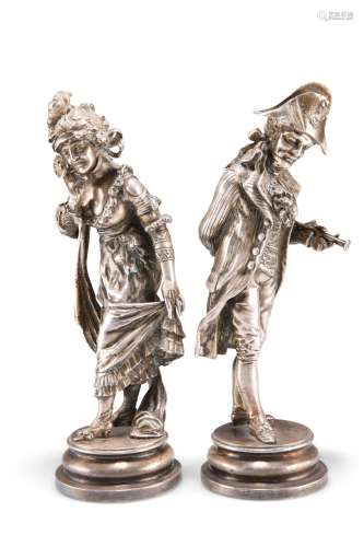 AFTER ANTONIO PANDIANI, A PAIR OF SILVER-PLATED FIGURES, dep...