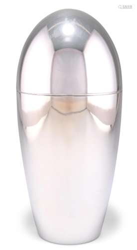 A SILVER-PLATED COCKTAIL SHAKER, of bomb form. 23cm high