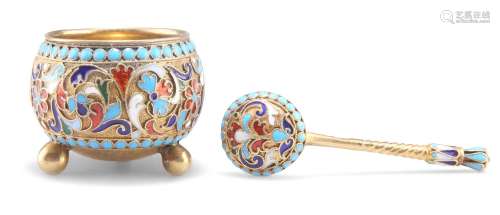 A RUSSIAN SILVER AND ENAMEL SALT AND SPOON, by Gustav Klinge...